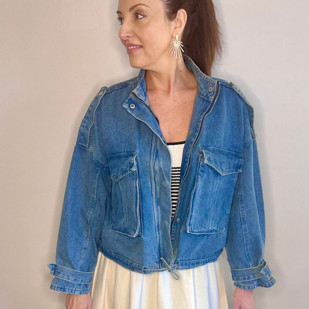 NWT Women's Aviator Cropped Denim Utility Jacket S, M, & L